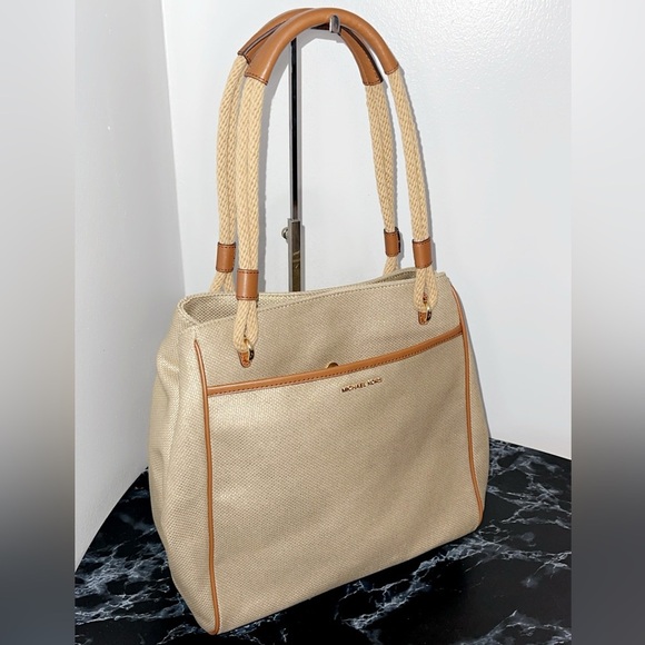 MICHAEL MICHAEL KORS Handbag Talia Large Cotton Gold Grab Bag Tote AUTHENTIC NEW - Picture 1 of 9